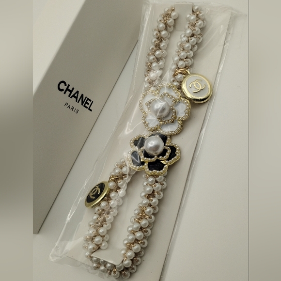 CHANEL Accessories - CHANEL Gold and White Floral Pearl Hair Bands Set Serial# On Both